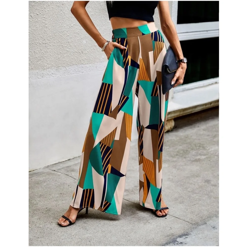 07 Boho High Waist Print Wide Leg Palazzo pants - Picture 4 of 6